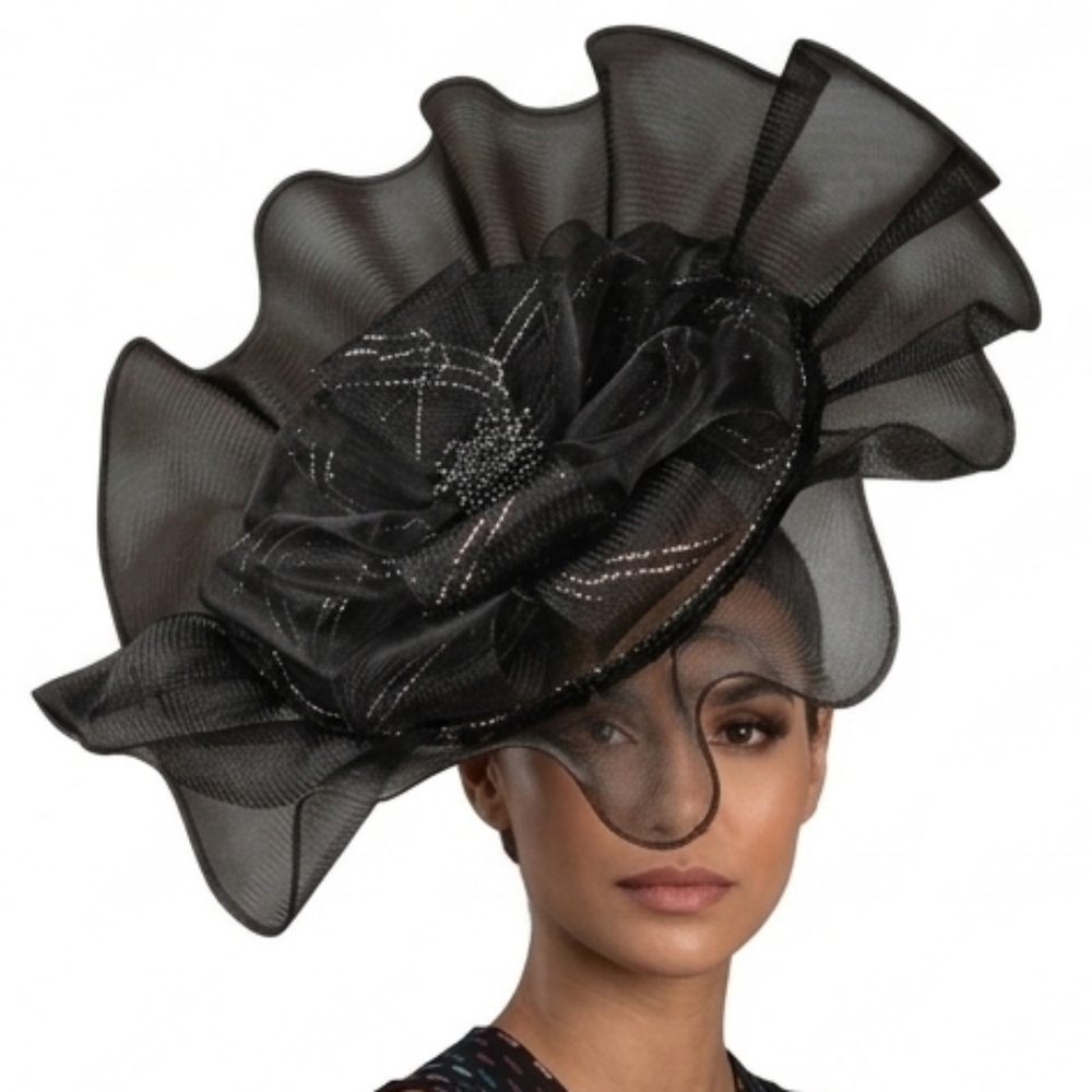 Beloved Millinery Stunning Elegant Couture Black Layered Tulle Fascinator Hat